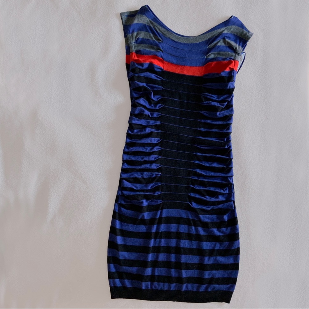 Ted Baker sleeveless knit dress blue-purple and black stripes w/ scarlet accent